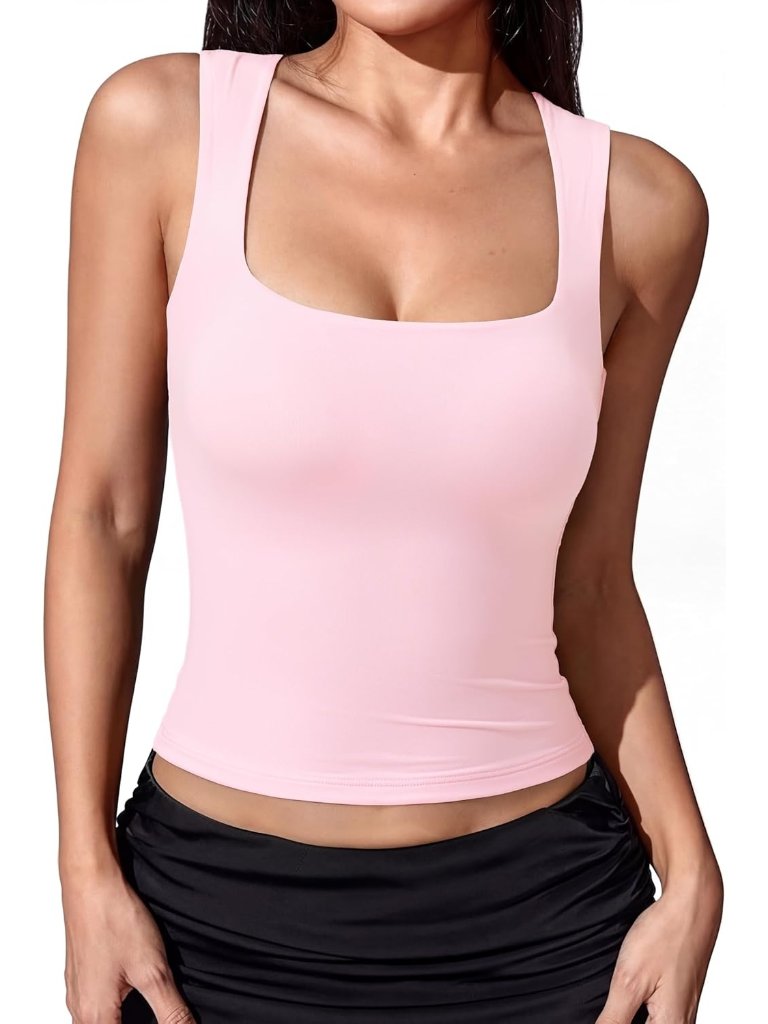 Women's Pink Sleeveless Square Neck Double Lined Imported Crop Tank Top